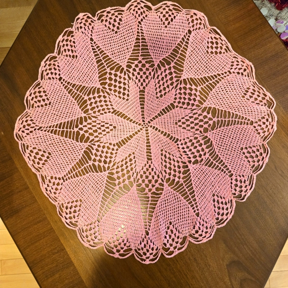 Vintage Hand Crocheted Pink Doily, 31" Diameter
